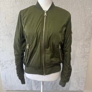 Topshop Women's Long Sleeve Full Zip Bomber Jacket 2 Green Pockets Lined‎